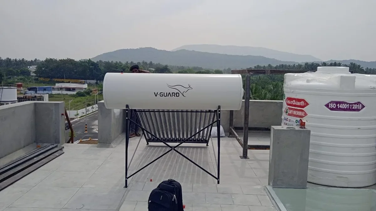 V-Guard 200L solar water heater installation Erode Tamil Nadu — Arun Hitech authorized dealer