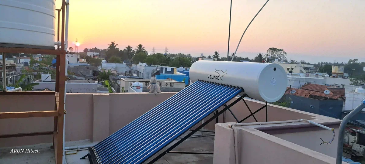 V-Guard 200L solar water heater installed Coimbatore — Arun Hitech dealer