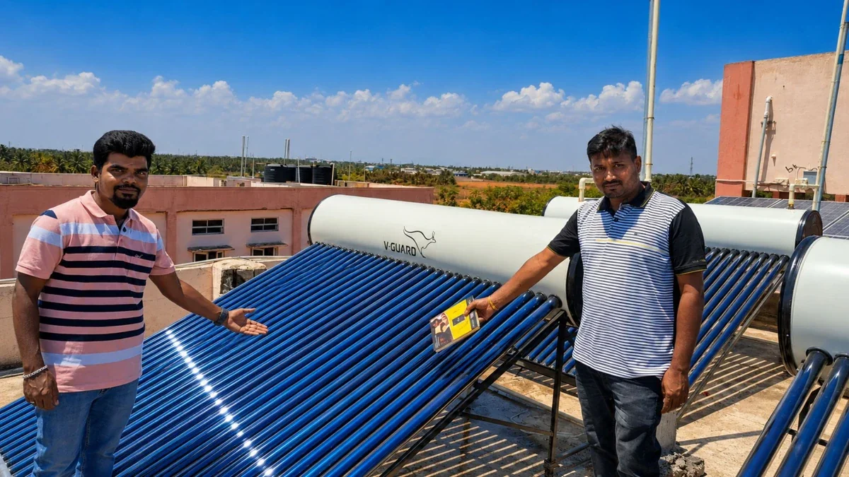 Large solar hot water system Coimbatore central — Arun Hitech V-Guard dealer