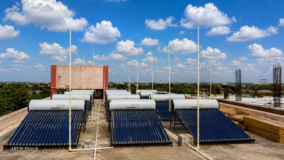 Solar water heater for hostel 500 liter Coimbatore — Arun Hitech V-Guard dealer