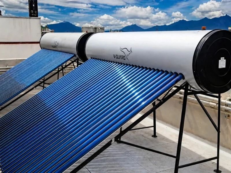 V-Guard solar water heater installed rooftop Coimbatore by Arun Hitech